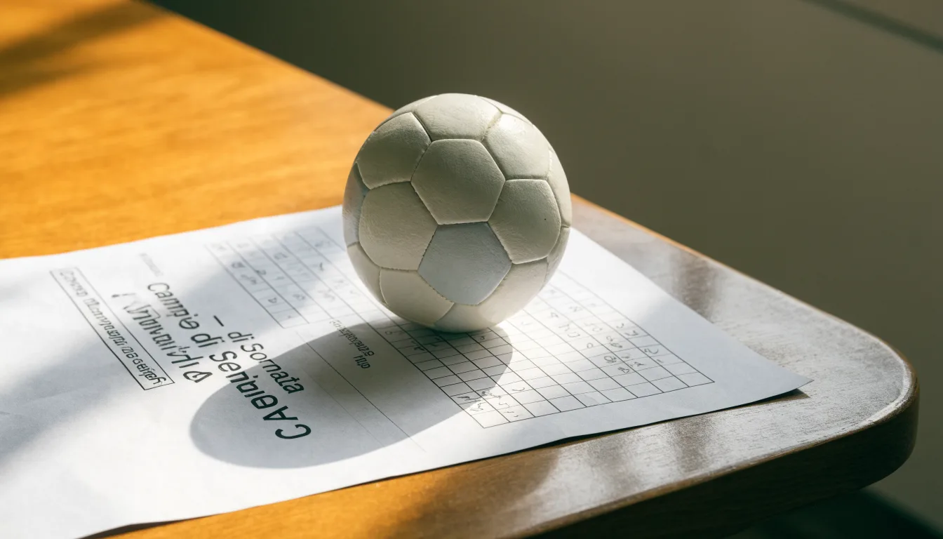 Un pallone da calcio appoggiato su una schedina bianca su un tavolo di legno, alla luce del giorno