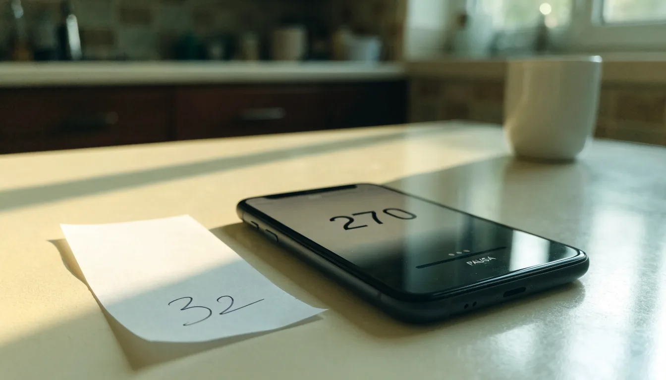 Un documento di identità appoggiato accanto a uno smartphone con un timer sullo schermo, su un tavolo da cucina
