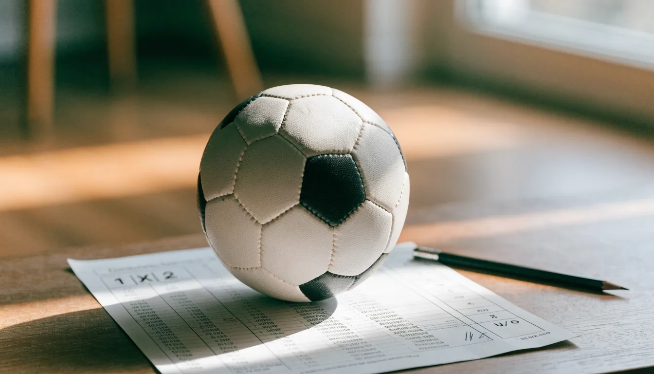 Un pallone da calcio appoggiato su una schedina bianca su un tavolo di legno, alla luce del giorno