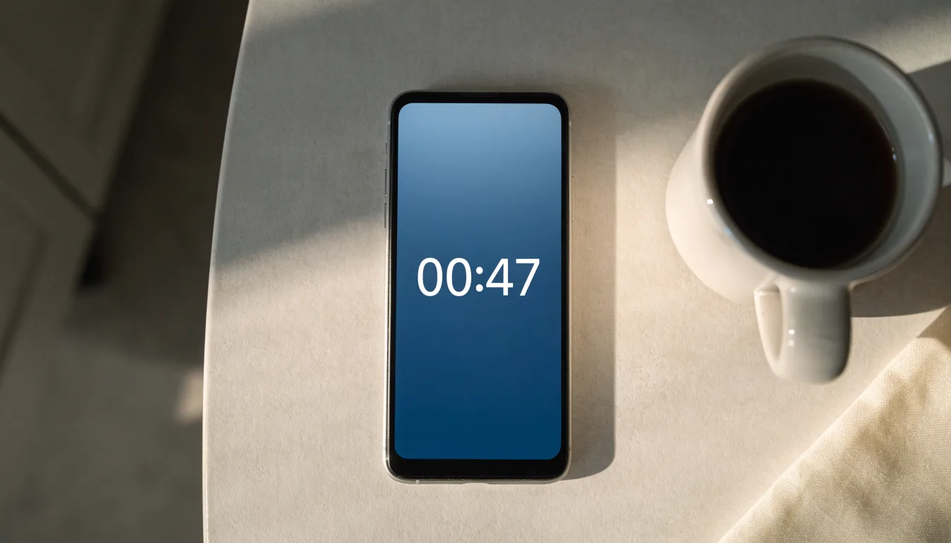 Un documento di identità appoggiato accanto a uno smartphone con un timer sullo schermo, su un tavolo da cucina