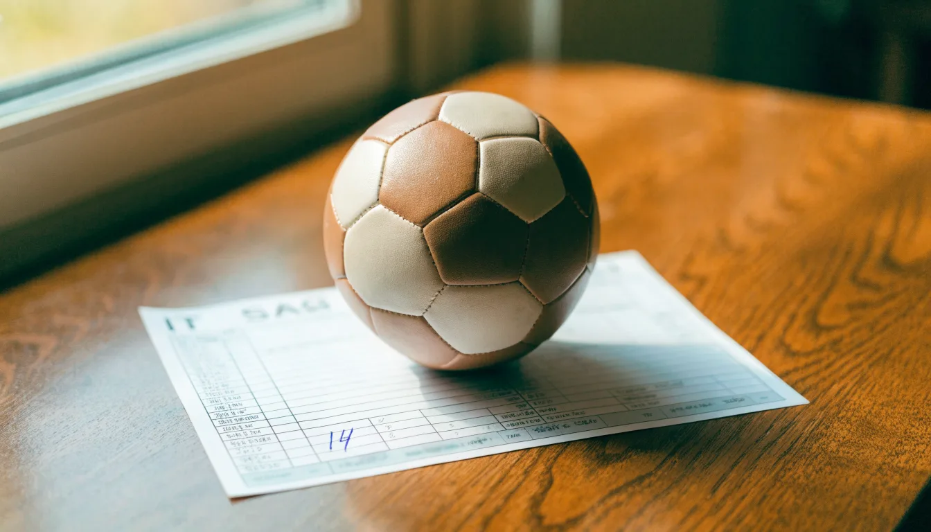 Un pallone da calcio appoggiato su una schedina bianca su un tavolo di legno, alla luce del giorno