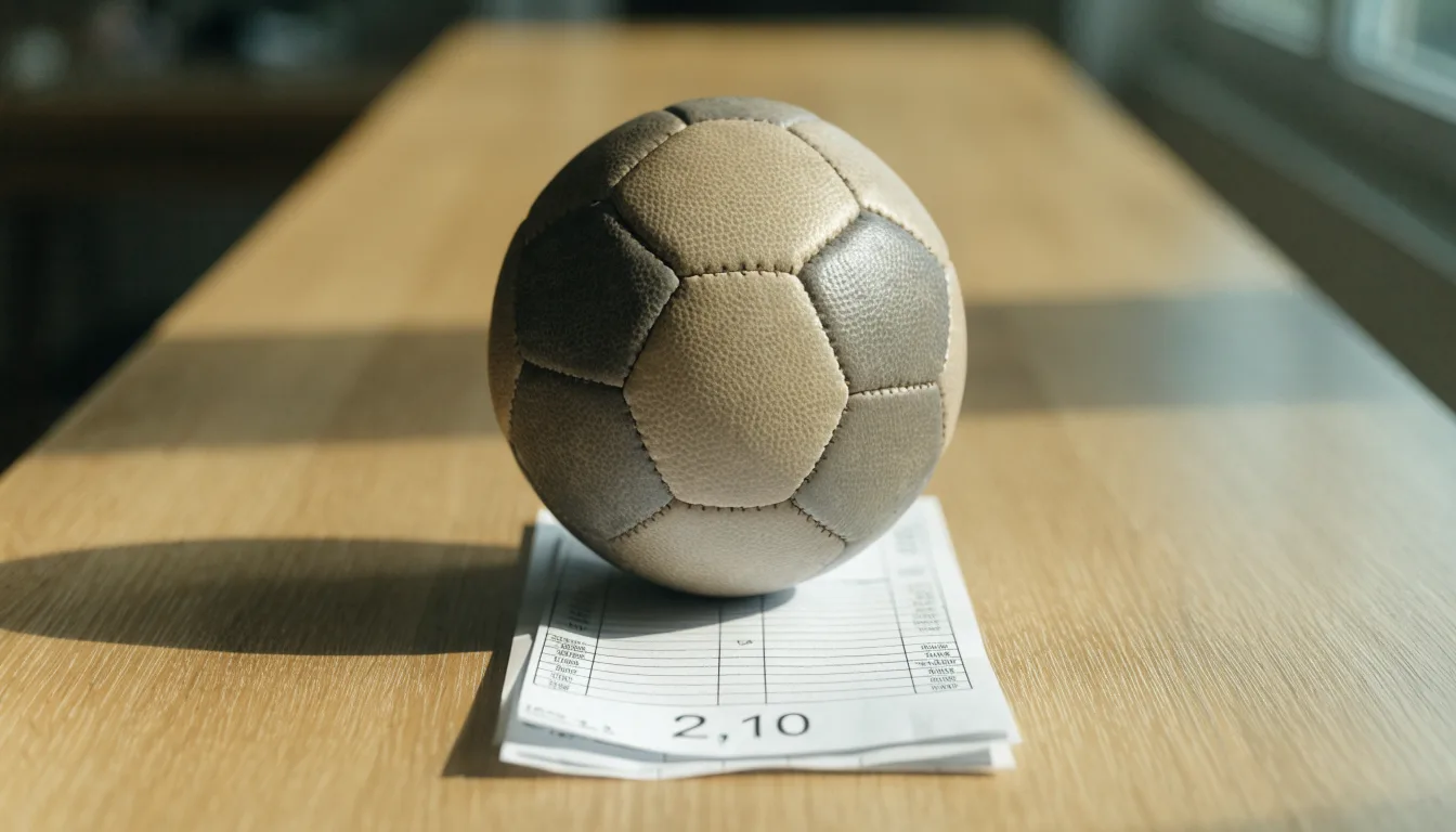 Un pallone da calcio appoggiato su una schedina bianca su un tavolo di legno, alla luce del giorno