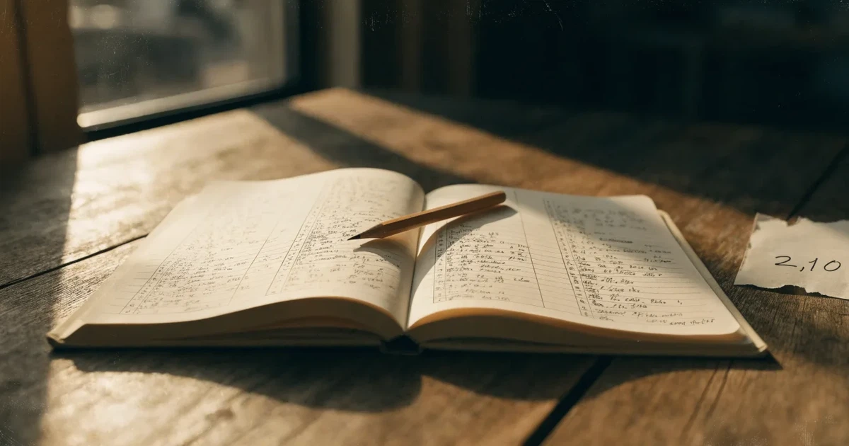 Un quaderno aperto con quote scritte a mano, una calcolatrice e una matita su un tavolo di legno