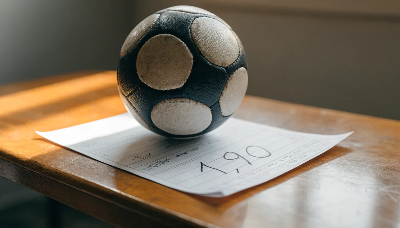 Un pallone da calcio appoggiato su una schedina bianca su un tavolo di legno, alla luce del giorno