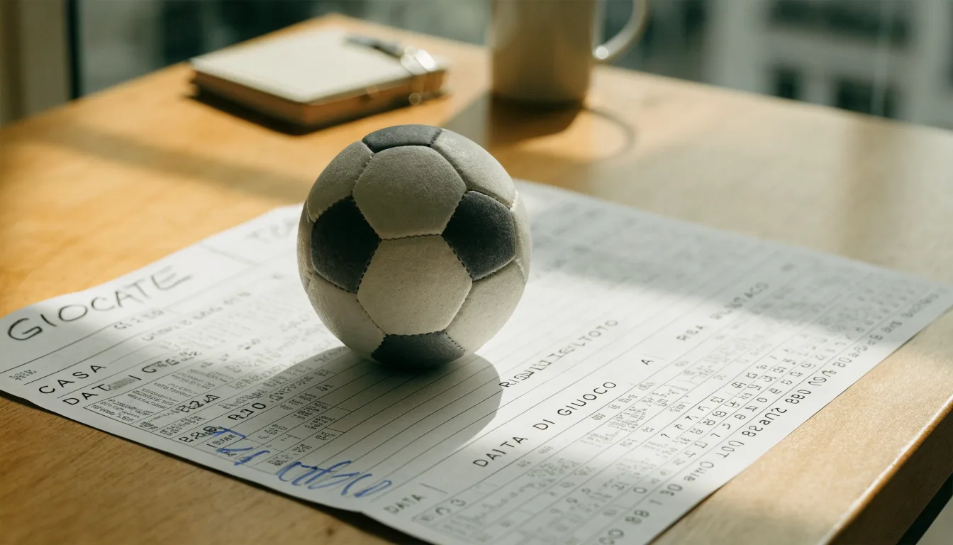 Un pallone da calcio appoggiato su una schedina bianca su un tavolo di legno, alla luce del giorno