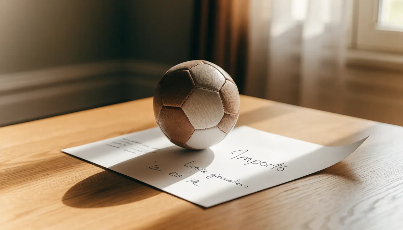 Un pallone da calcio appoggiato su una schedina bianca su un tavolo di legno, alla luce del giorno