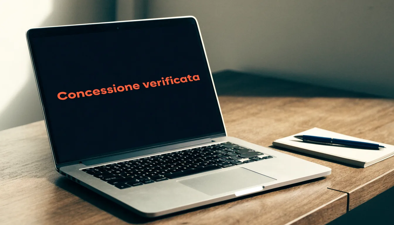 Un foglio di concessione in carta con un timbro rosso, appoggiato su una scrivania di legno accanto a una penna