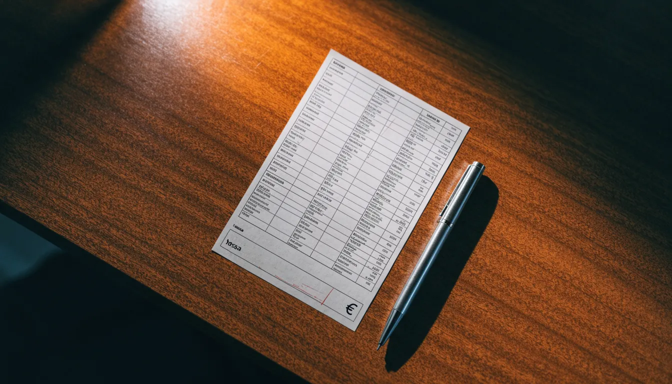 Un foglio di concessione in carta con un timbro rosso, appoggiato su una scrivania di legno accanto a una penna