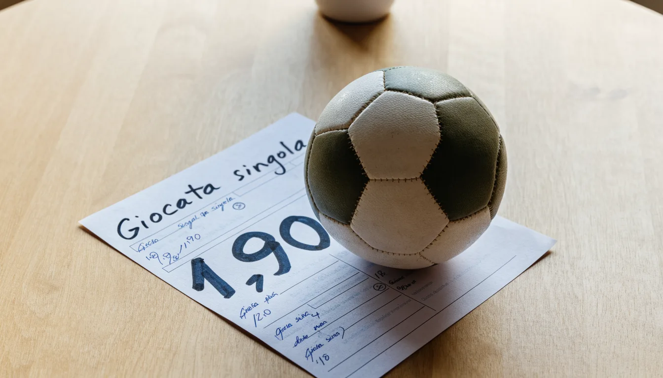 Un pallone da calcio appoggiato su una schedina bianca su un tavolo di legno, alla luce del giorno
