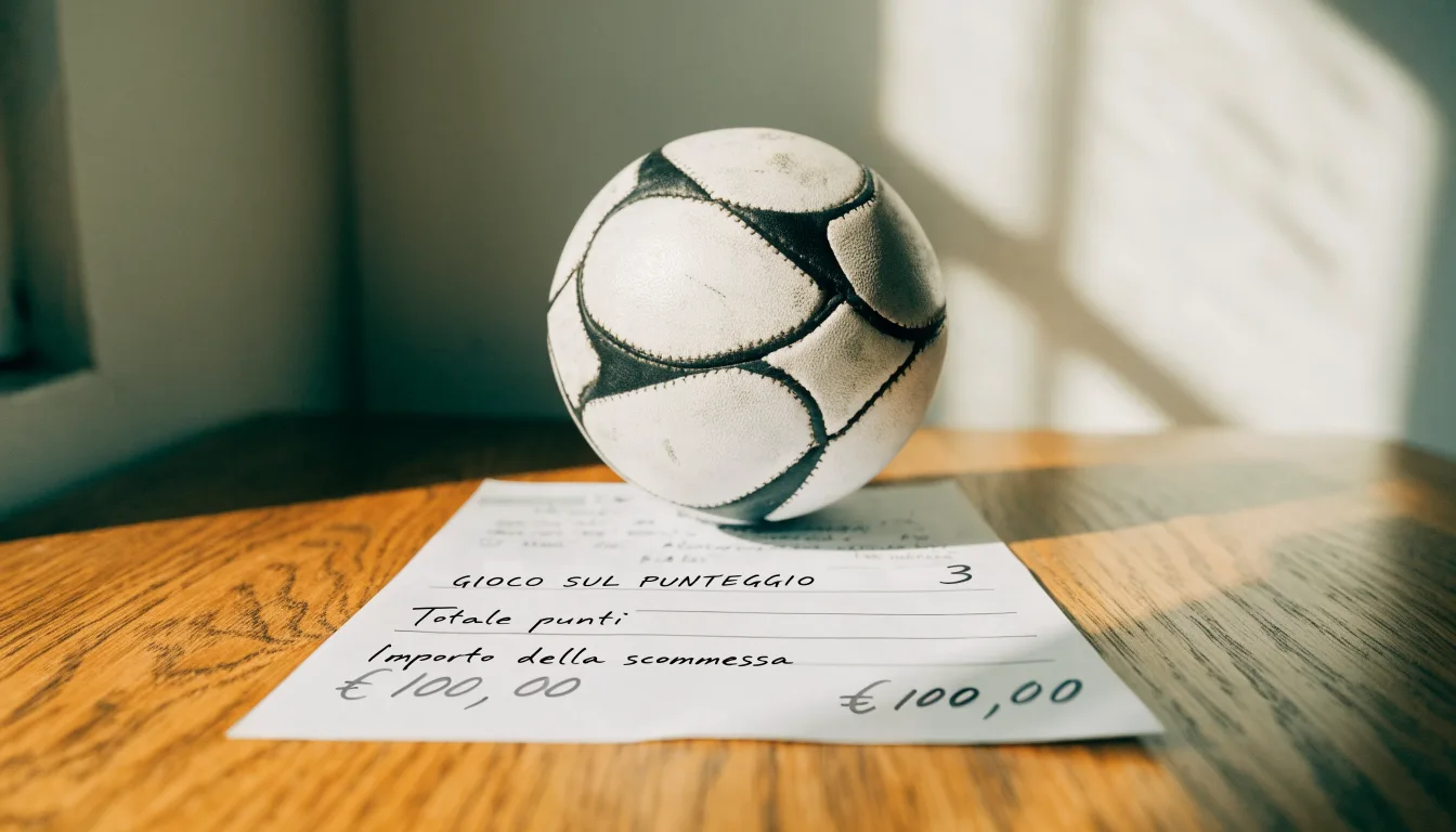 Un pallone da calcio appoggiato su una schedina bianca su un tavolo di legno, alla luce del giorno
