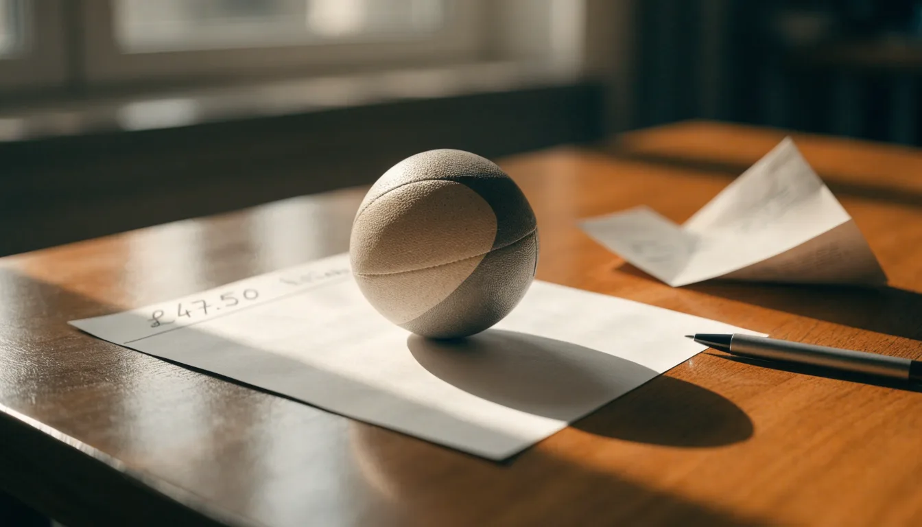 Un pallone da calcio appoggiato su una schedina bianca su un tavolo di legno, alla luce del giorno
