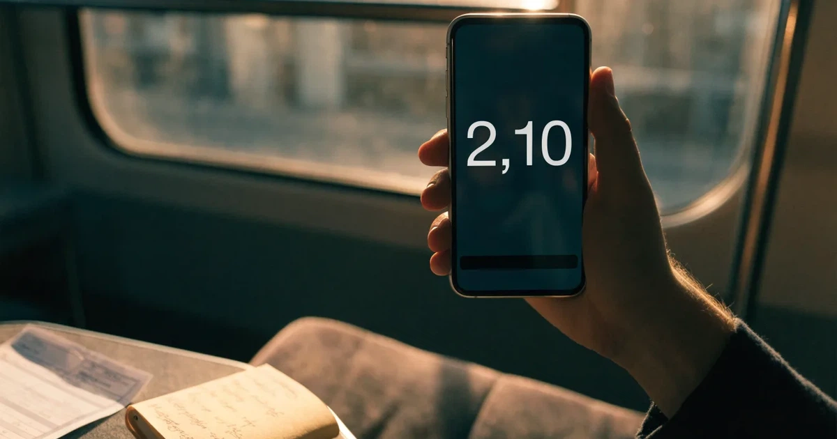 Una mano che tiene uno smartphone con una scommessa sullo schermo, su un treno nel tardo pomeriggio