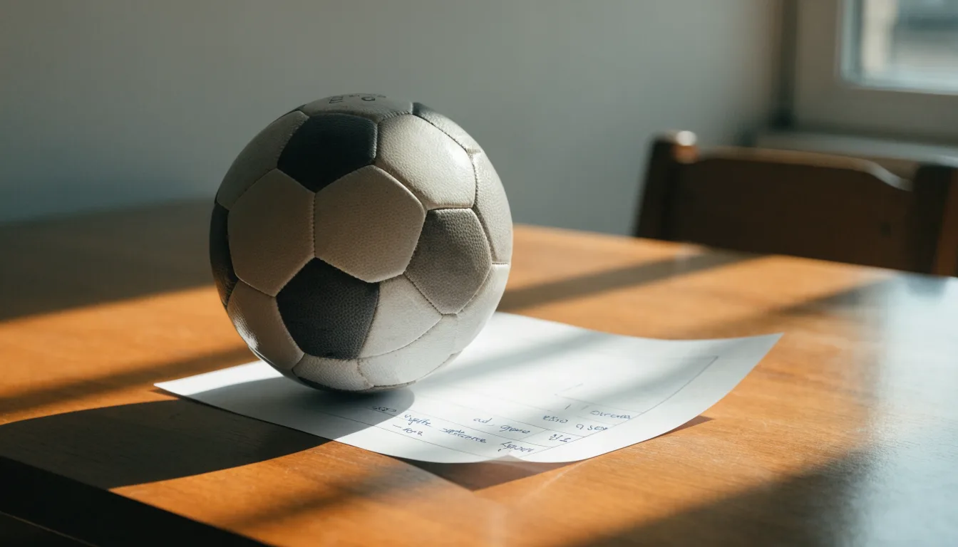 Un pallone da calcio appoggiato su una schedina bianca su un tavolo di legno, alla luce del giorno
