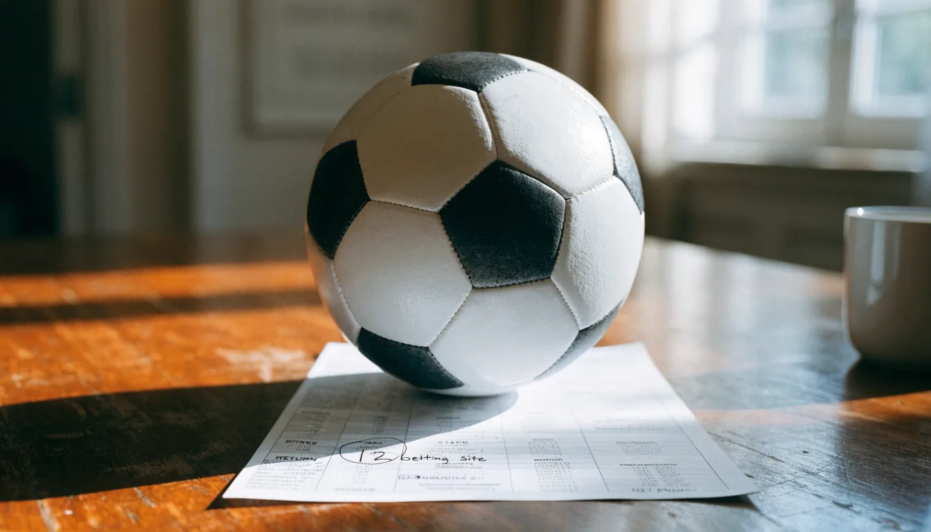 Un pallone da calcio appoggiato su una schedina bianca su un tavolo di legno, alla luce del giorno