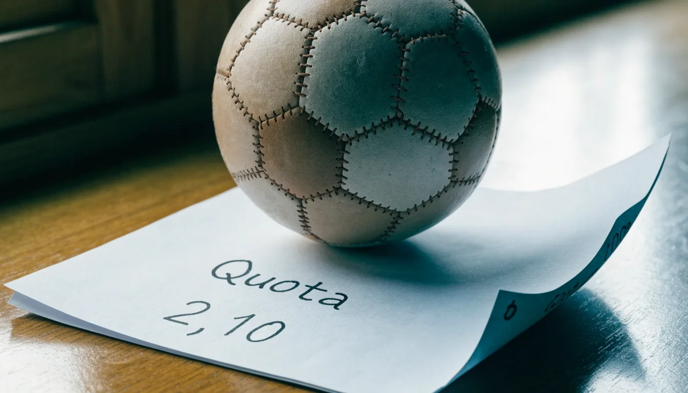 Un pallone da calcio appoggiato su una schedina bianca su un tavolo di legno, alla luce del giorno