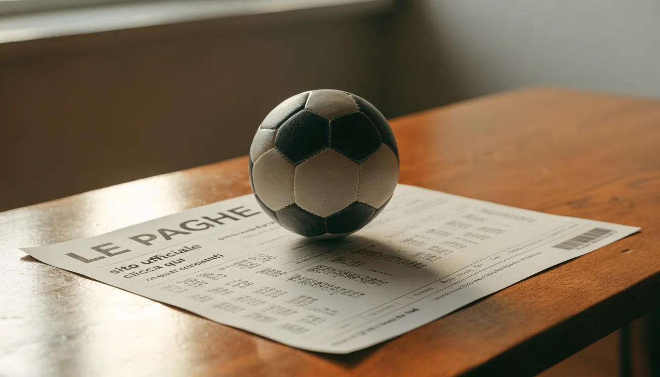 Un pallone da calcio appoggiato su una schedina bianca su un tavolo di legno, alla luce del giorno