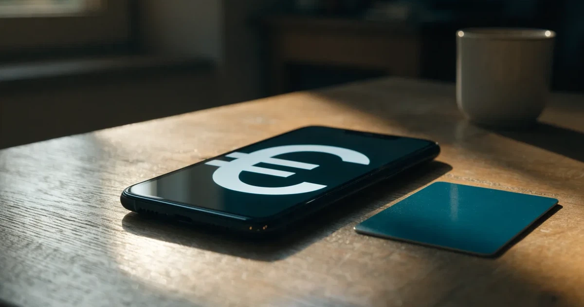 Uno smartphone e una carta di pagamento affiancati su un tavolo di legno, con alcune banconote da euro accanto
