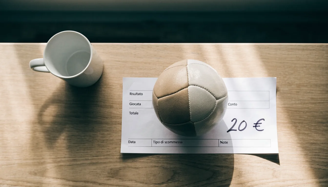 Un pallone da calcio appoggiato su una schedina bianca su un tavolo di legno, alla luce del giorno