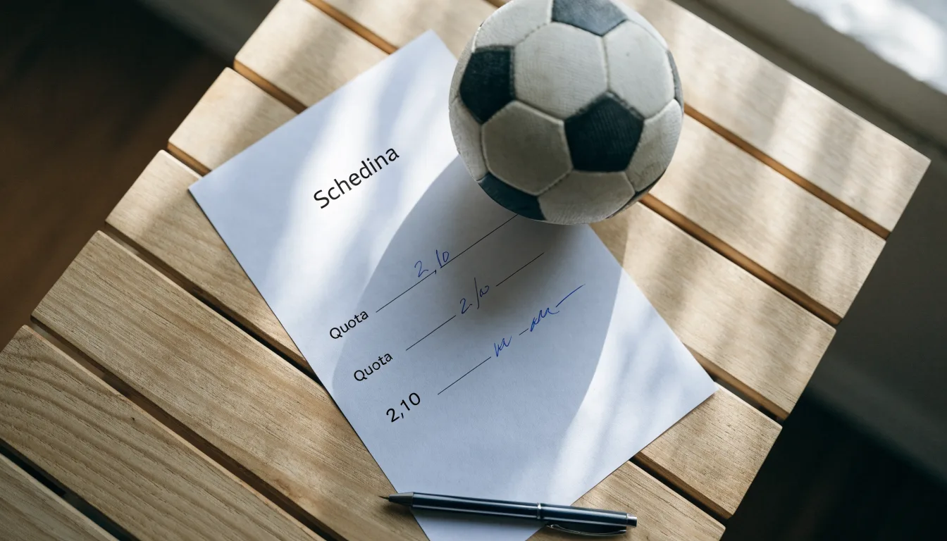 Un pallone da calcio appoggiato su una schedina bianca su un tavolo di legno, alla luce del giorno