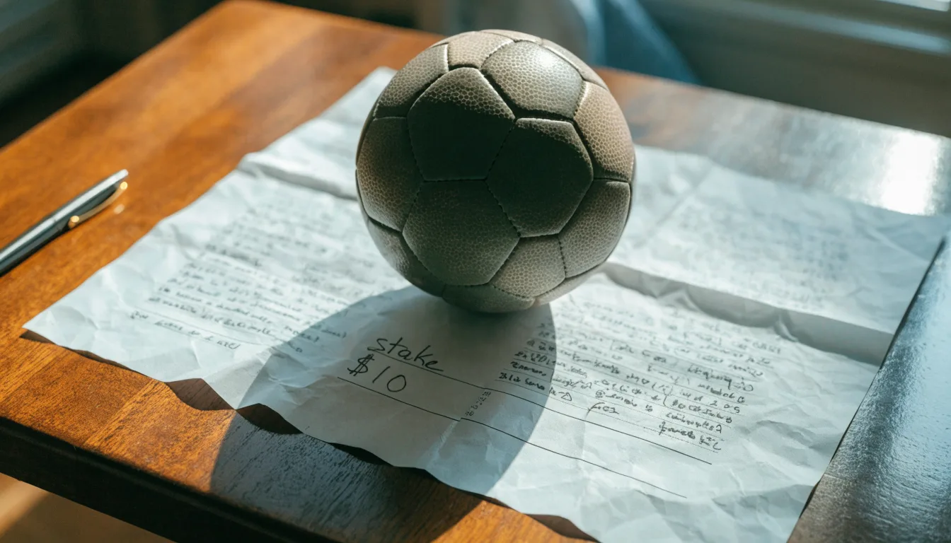 Un pallone da calcio appoggiato su una schedina bianca su un tavolo di legno, alla luce del giorno