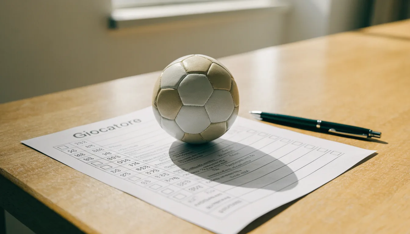 Un pallone da calcio appoggiato su una schedina bianca su un tavolo di legno, alla luce del giorno