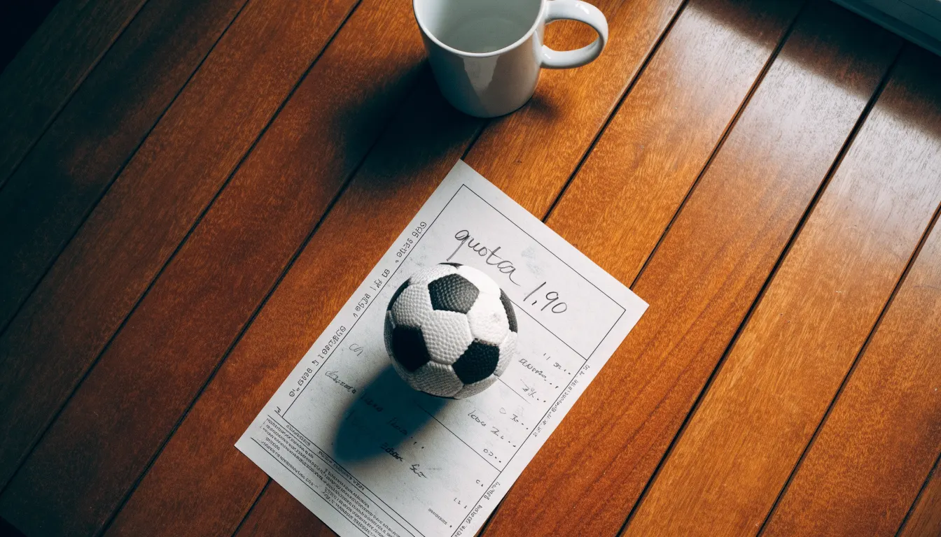 Un pallone da calcio appoggiato su una schedina bianca su un tavolo di legno, alla luce del giorno