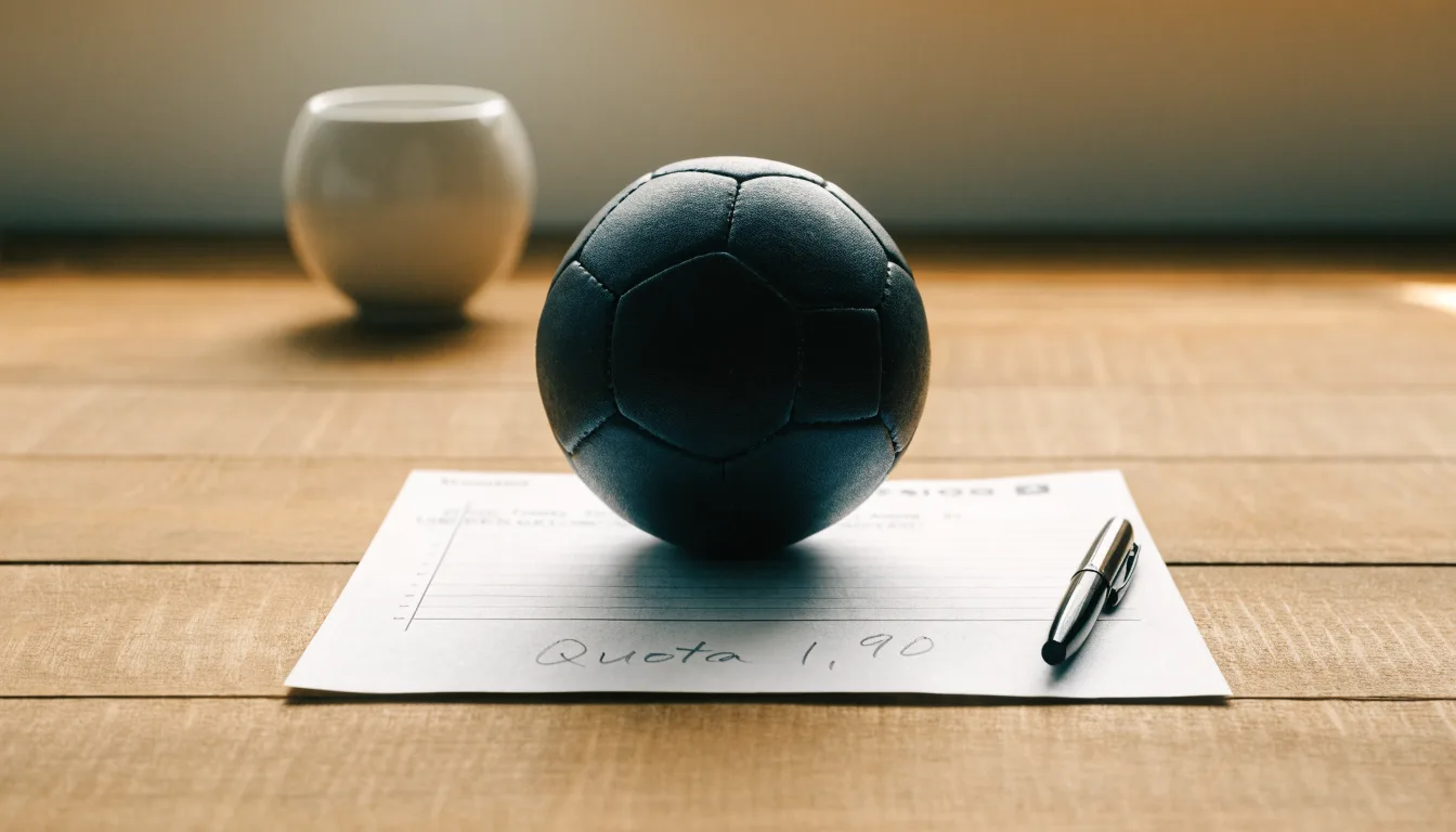 Un pallone da calcio appoggiato su una schedina bianca su un tavolo di legno, alla luce del giorno