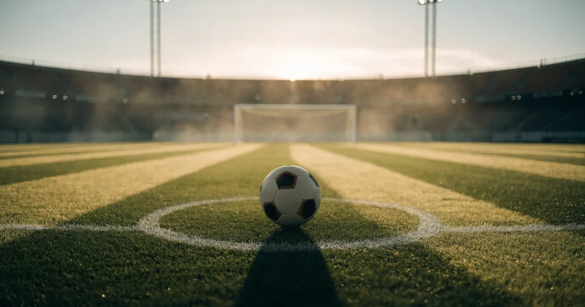 Un pallone da calcio sul dischetto del centrocampo di un prato, alla luce del mattino