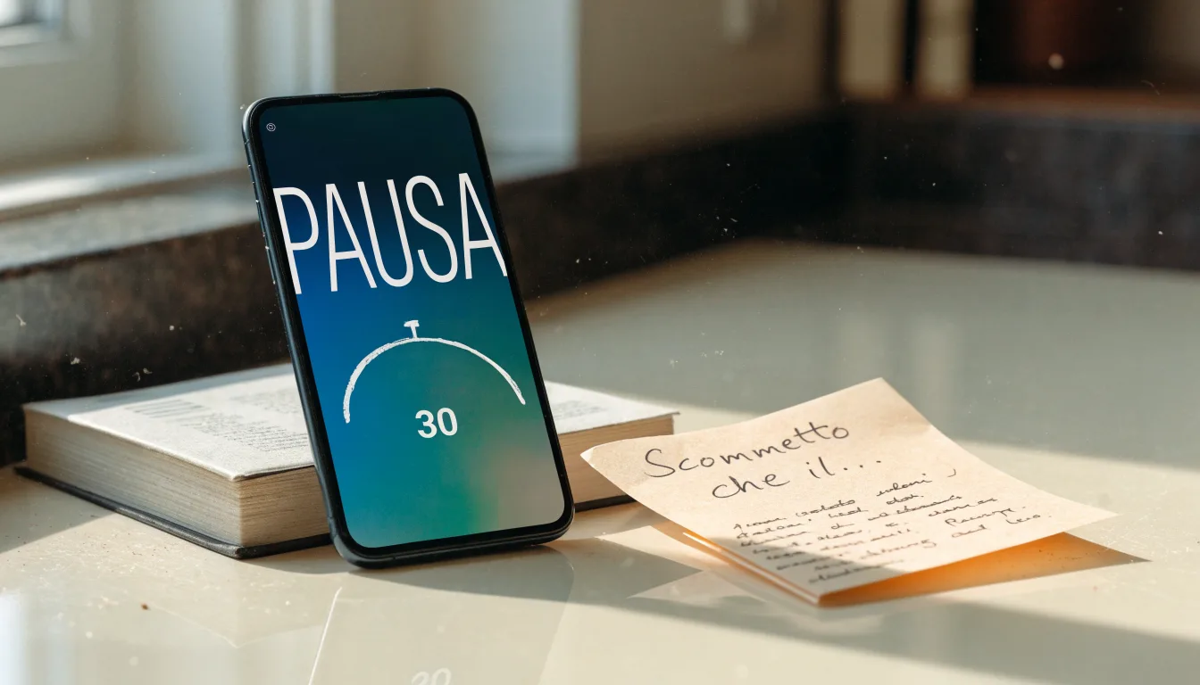 Un documento di identità appoggiato accanto a uno smartphone con un timer sullo schermo, su un tavolo da cucina