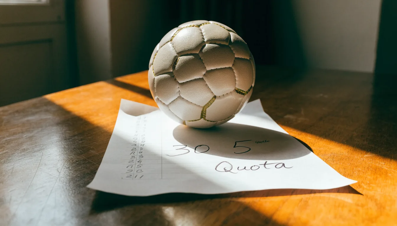 Un pallone da calcio appoggiato su una schedina bianca su un tavolo di legno, alla luce del giorno