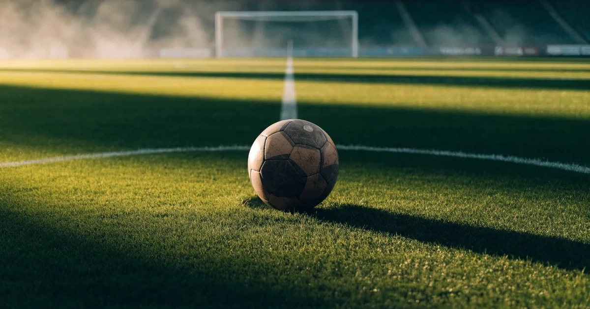Un pallone da calcio sul dischetto del centrocampo di un prato, alla luce del mattino