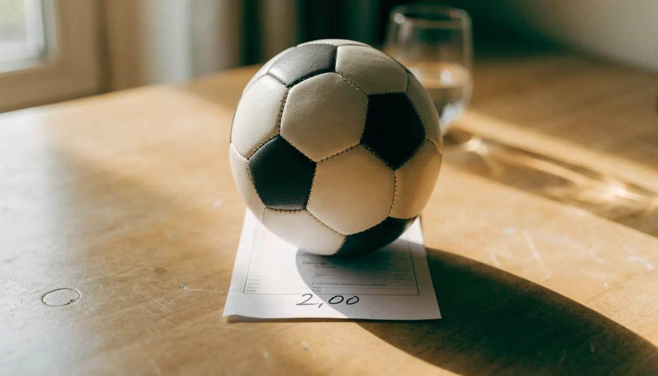 Un pallone da calcio appoggiato su una schedina bianca su un tavolo di legno, alla luce del giorno