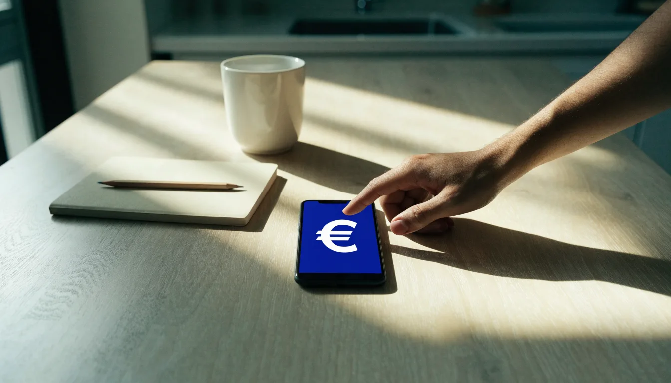 Un documento di identità appoggiato accanto a uno smartphone con un timer sullo schermo, su un tavolo da cucina