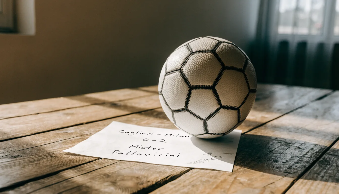 Un pallone da calcio appoggiato su una schedina bianca su un tavolo di legno, alla luce del giorno