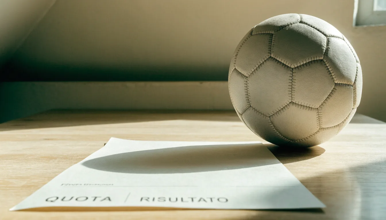 Un pallone da calcio appoggiato su una schedina bianca su un tavolo di legno, alla luce del giorno